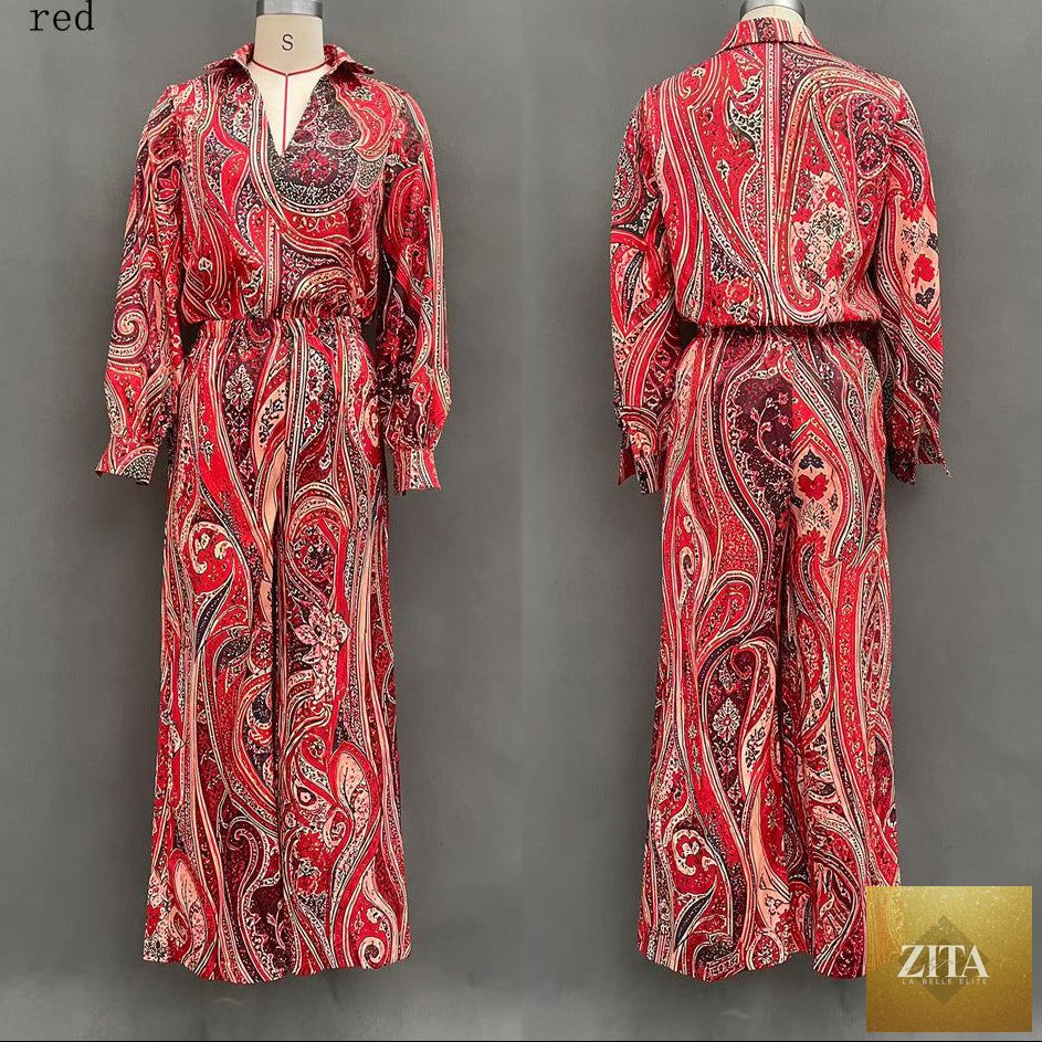 Women's Paisley Print Deep V Fringe Blouse & Wide-Leg Palazzo Pants Set