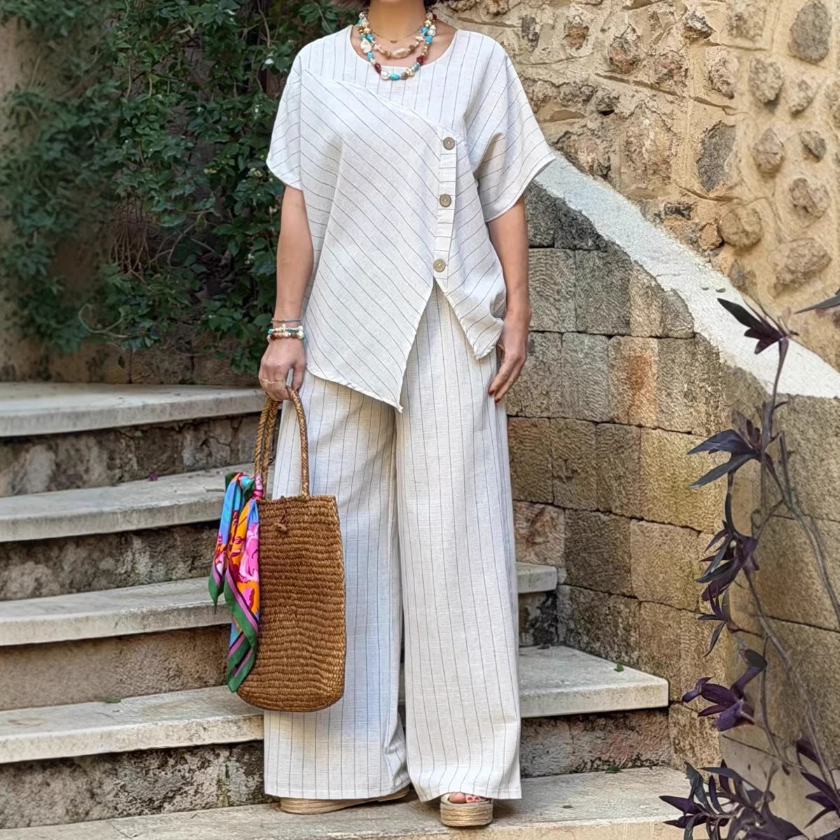 FitiqueFit striped casual shirt and loose pants set, three-quarter sleeves, stylish two-piece outfit for relaxed wear.