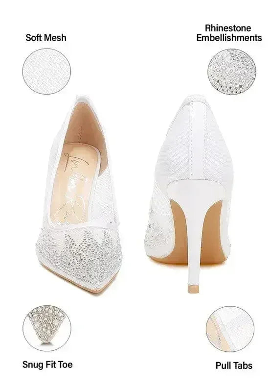 Femstylo high heel stiletto pumps with mesh and rhinestone detailing, showcasing elegant design and sparkling embellishments.