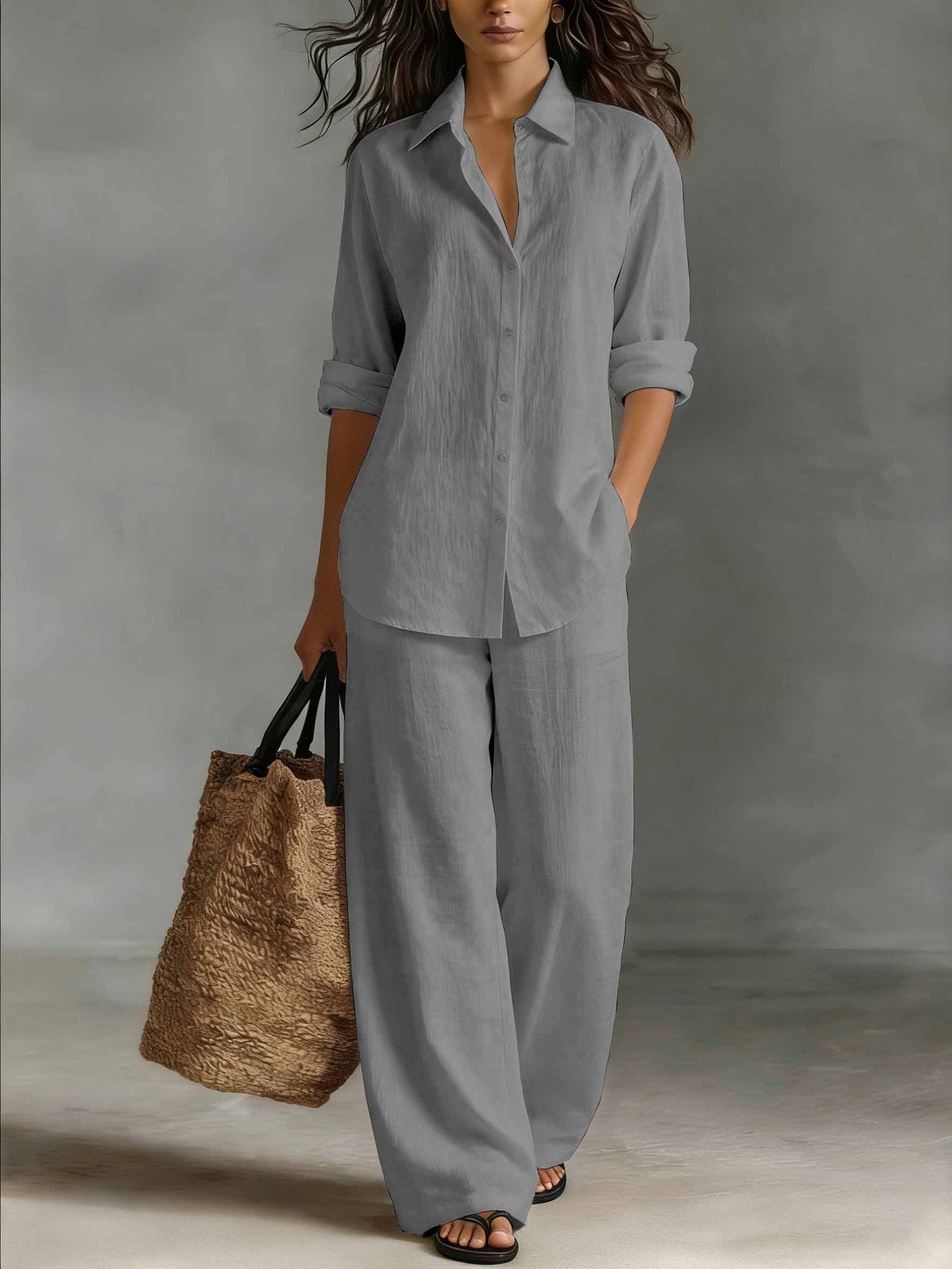 Women's bohemian cotton-linen casualwear set from FitiqueFit featuring a relaxed top and pants for resort and lounge wear.