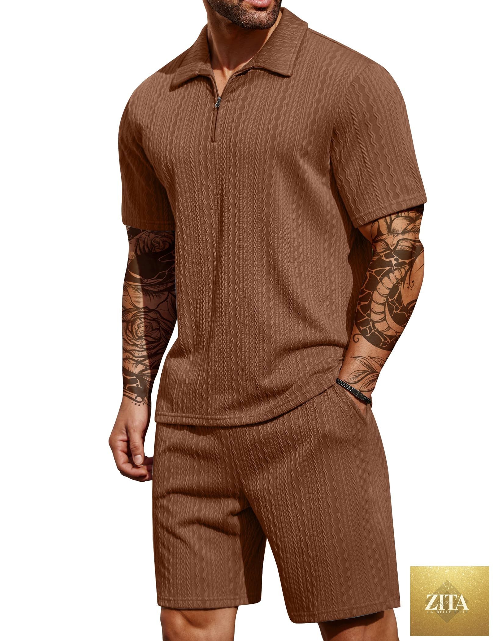 COOFANDY Men's 2 Pieces Outfits Casual Quarter Zip Polo Shirt and Shorts Set Athletic Jogging Summer Tracksuit