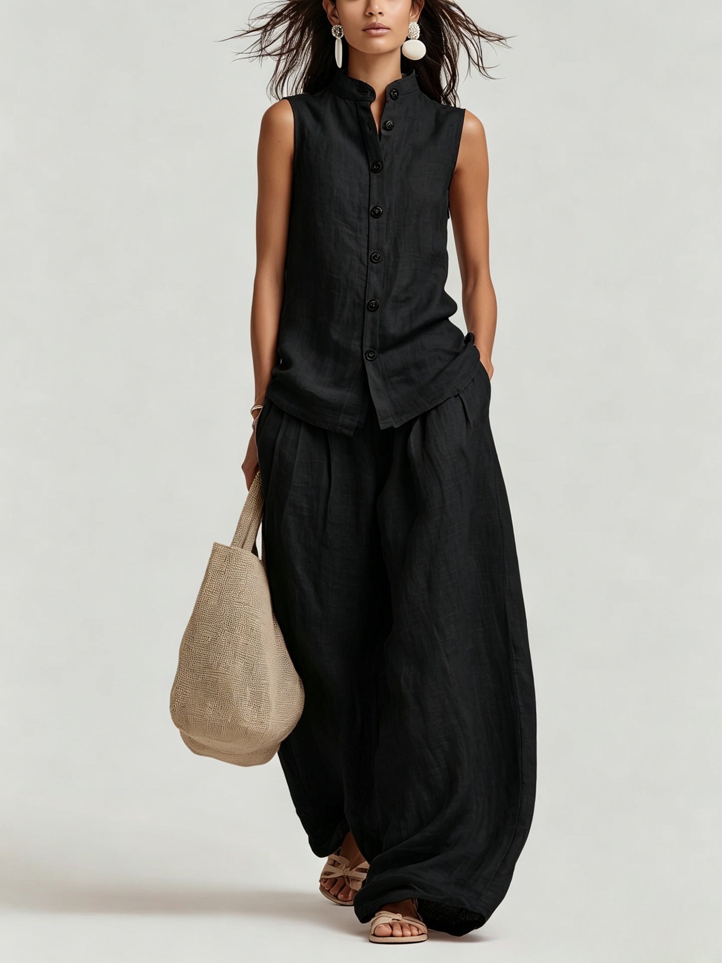 Women's Cotton-Linen Sleeveless Crewneck Vest & Pants Set