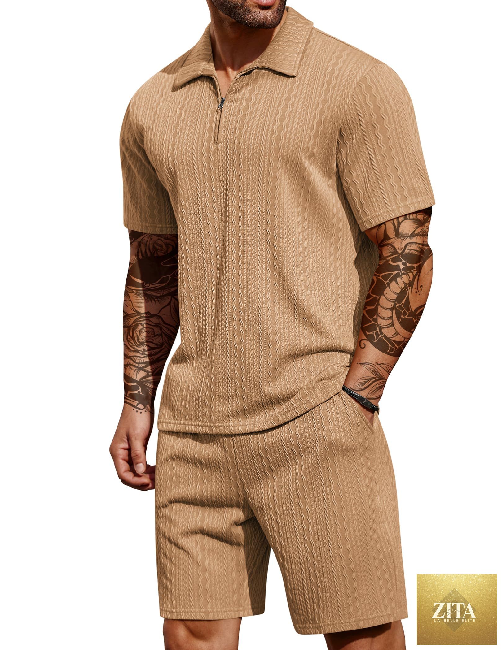 COOFANDY Men's 2 Pieces Outfits Casual Quarter Zip Polo Shirt and Shorts Set Athletic Jogging Summer Tracksuit