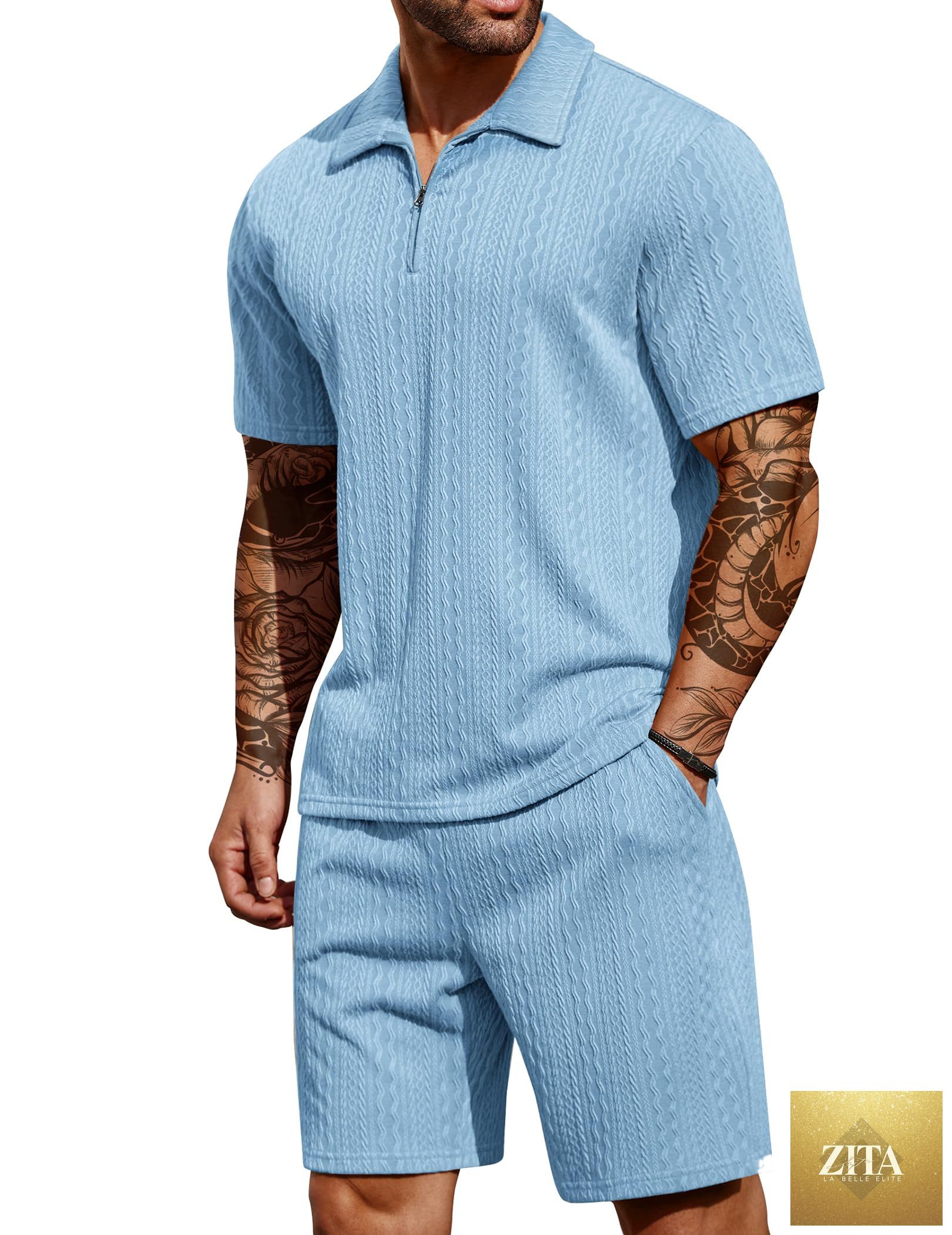 COOFANDY Men's 2 Pieces Outfits Casual Quarter Zip Polo Shirt and Shorts Set Athletic Jogging Summer Tracksuit