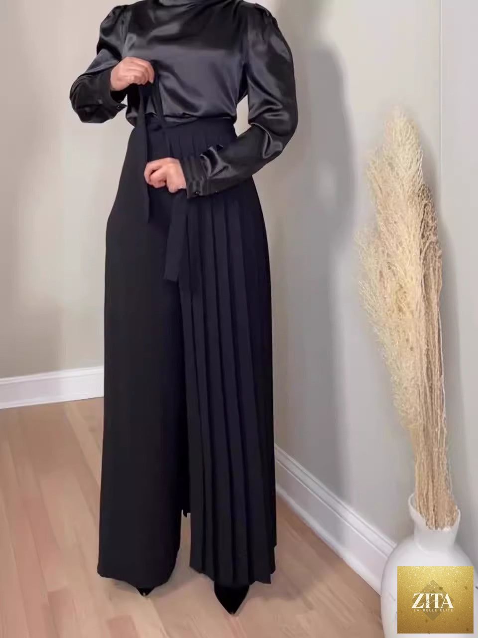 Womens Solid-Color Wide-Leg Pleated Pants With Ties