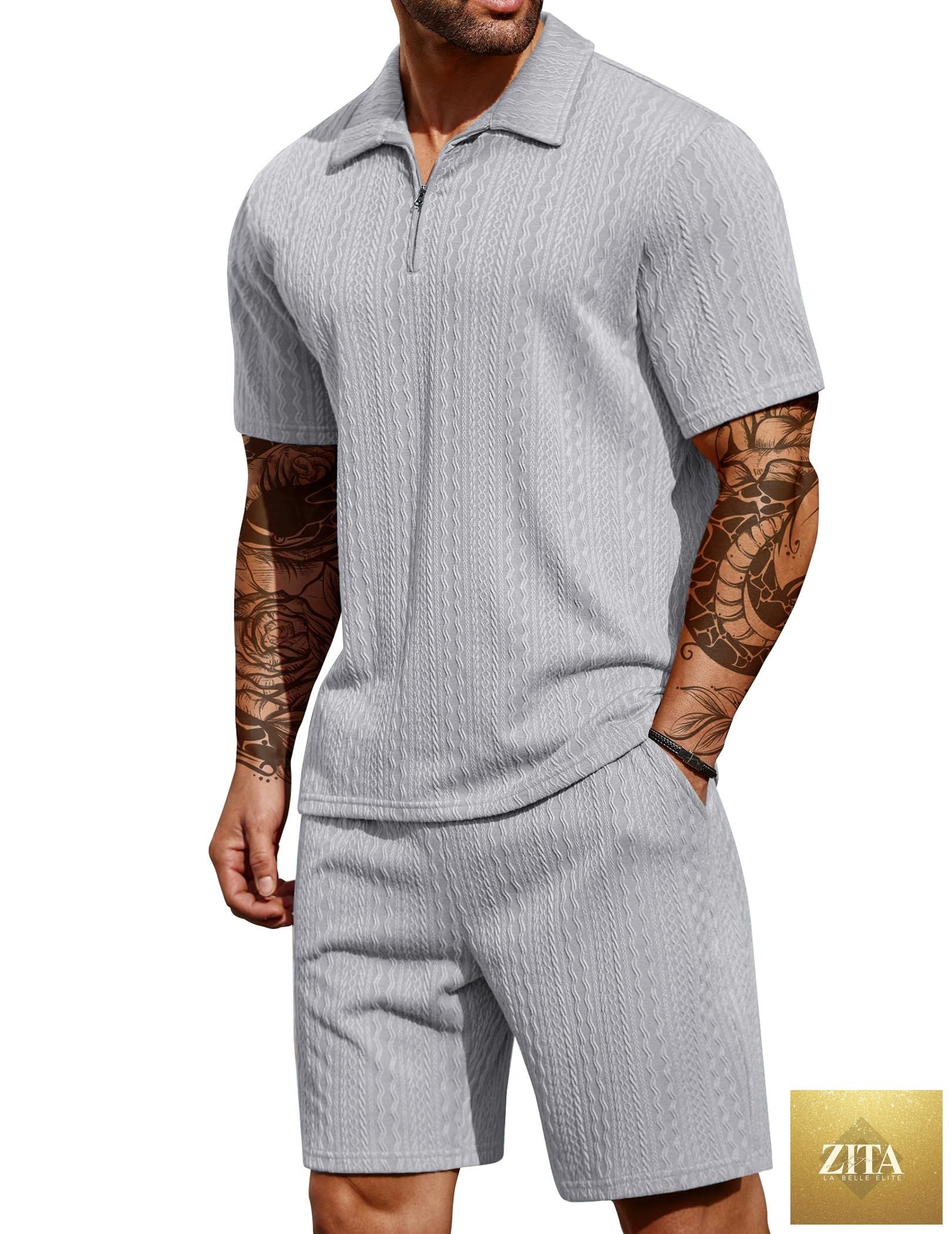 COOFANDY Men's 2 Pieces Outfits Casual Quarter Zip Polo Shirt and Shorts Set Athletic Jogging Summer Tracksuit