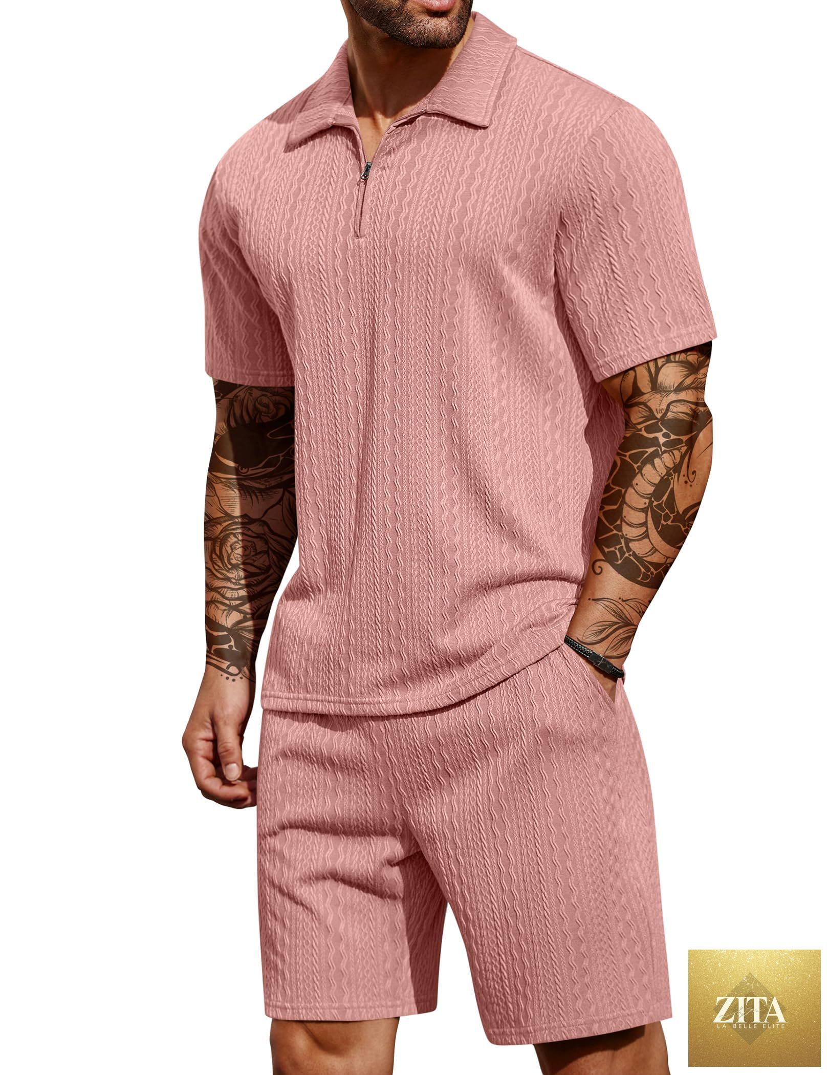 COOFANDY Men's 2 Pieces Outfits Casual Quarter Zip Polo Shirt and Shorts Set Athletic Jogging Summer Tracksuit