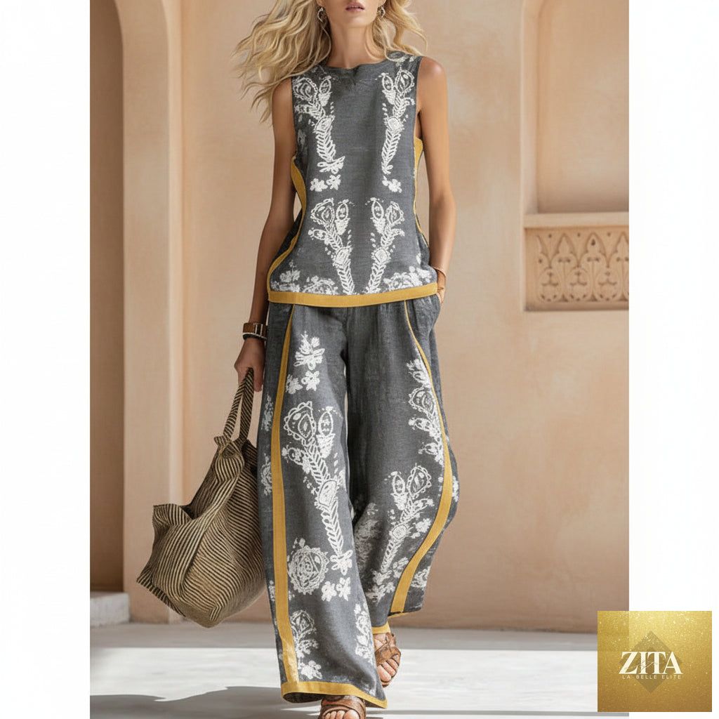 Printed retro sleeveless top and wide-leg pants set by MERIDGE, featuring vibrant 12 print designs, available in sizes S to 5XL.