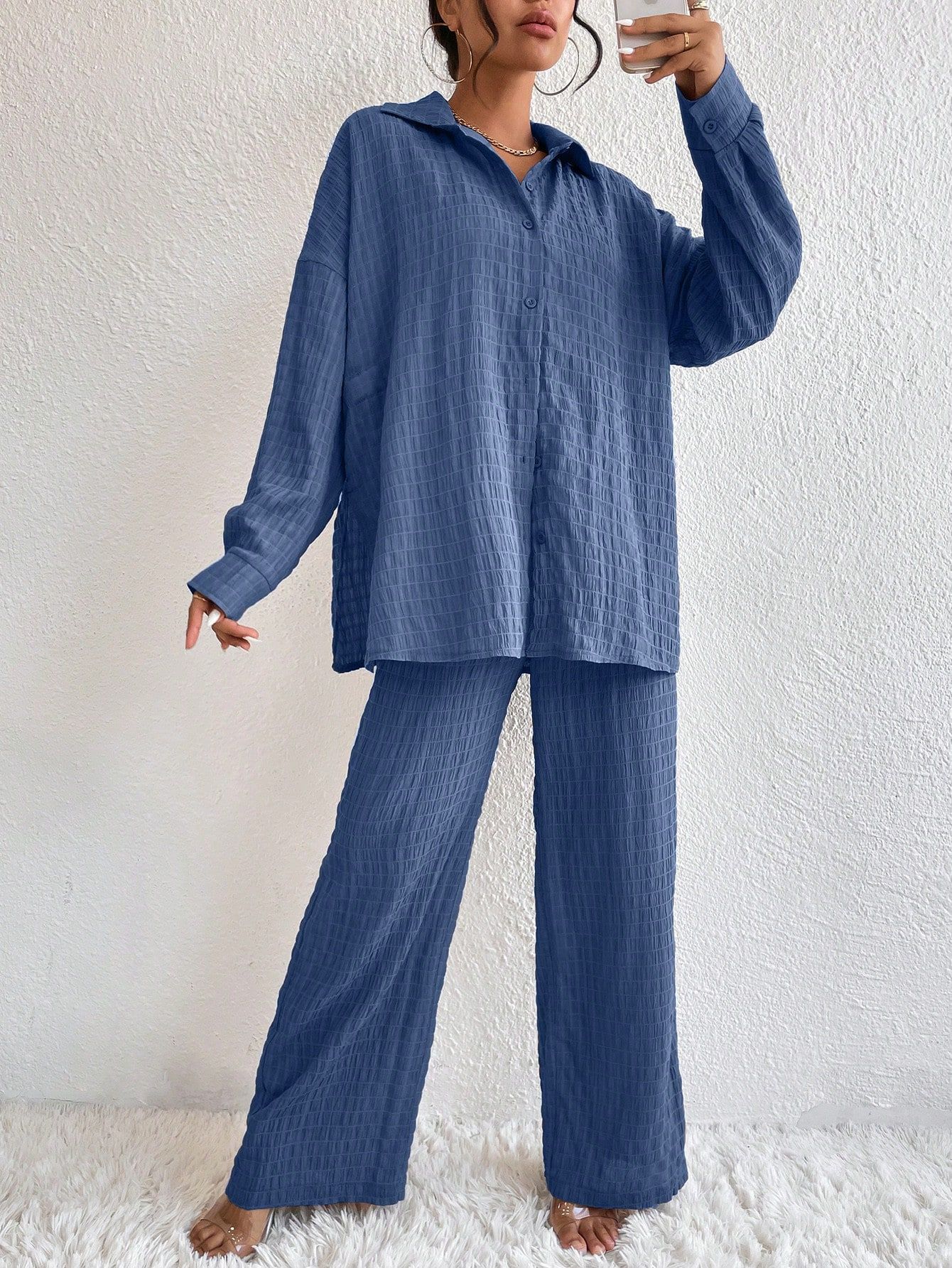 Casual women's pleated long sleeve lapel two-piece set by FitiqueFit with loose top and matching pants, stylish and comfortable.