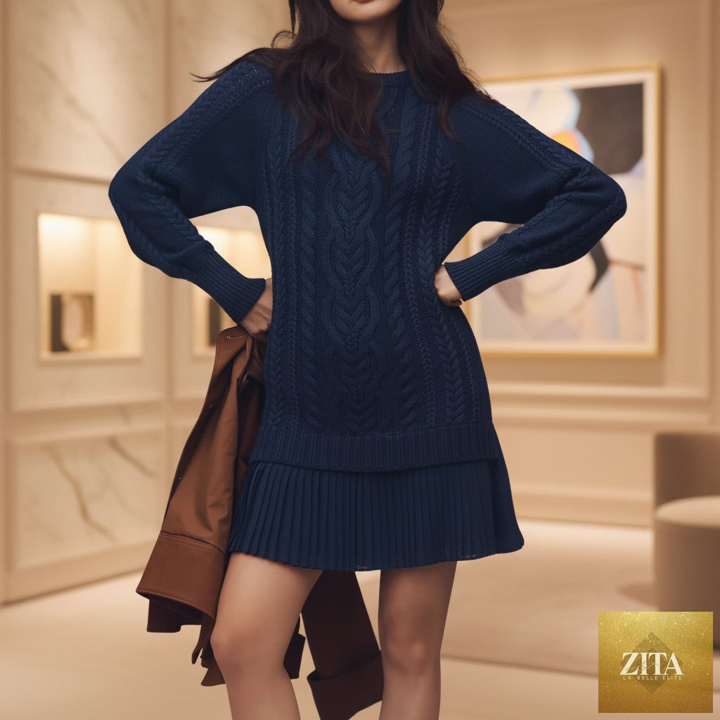Oversized cable knit sweater with round neckline by FitiqueFit, featuring a cozy, textured knit design in natural colors.