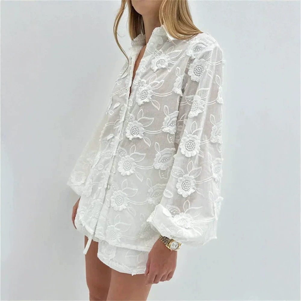 Embroidered cotton shirt and shorts two-piece set by FitiqueFit, featuring colorful embroidery and comfortable casual fit.