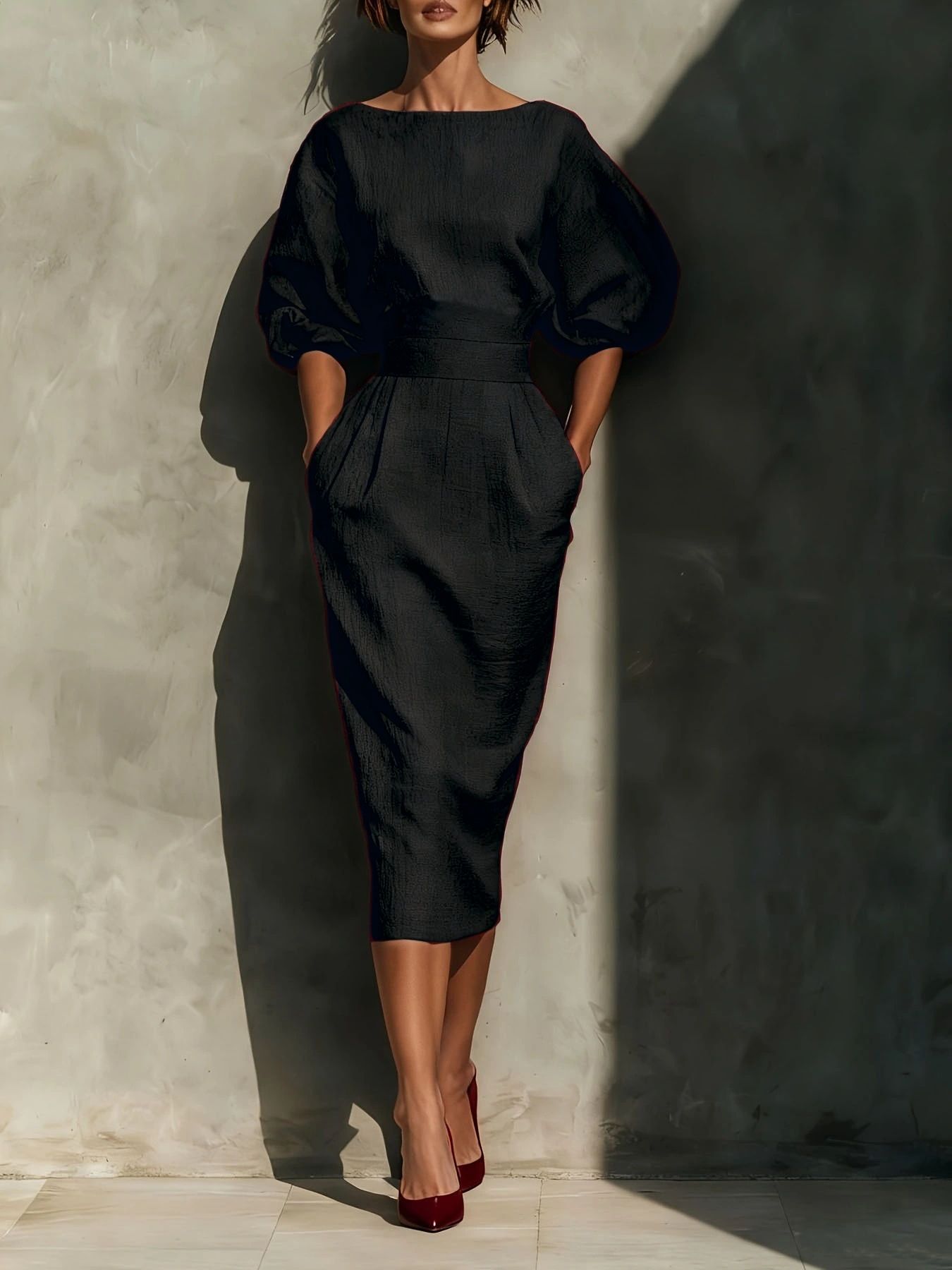 Shopiebay round neck midi dress with puff sleeves, showcasing a stylish and elegant dress design in soft fabric.