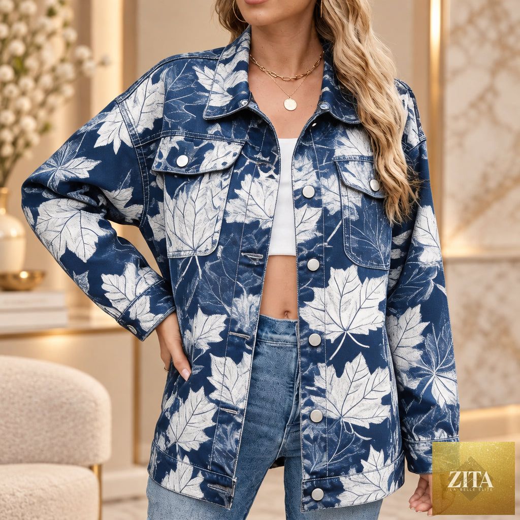 Women's Botanical Print Drop-Shoulder Denim Jacket