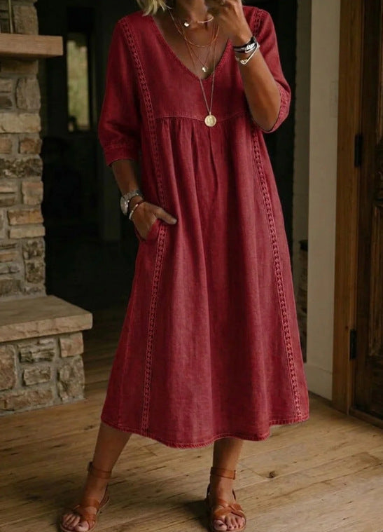 Women's linen cotton V-neck dress by FitiqueFit with lace trim, loose fit, available in 7 colors, casualwear style.