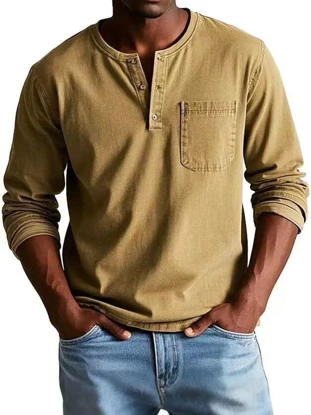 Men's V-neck Long-sleeved Pullover Top with Button Design