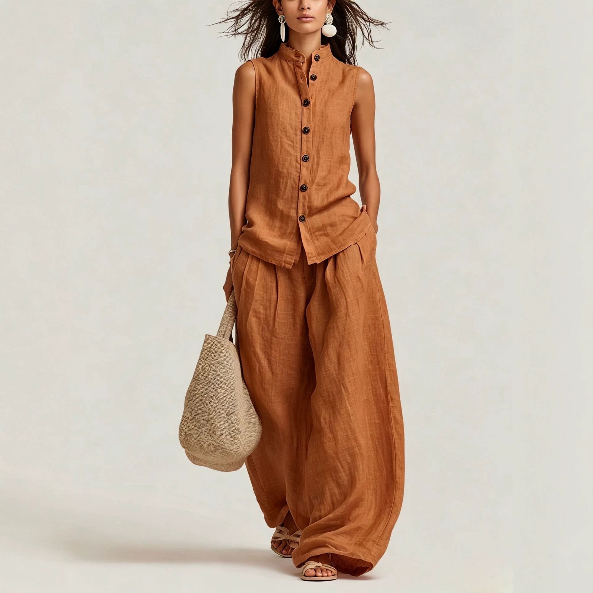 Women's Cotton-Linen Sleeveless Crewneck Vest & Pants Set