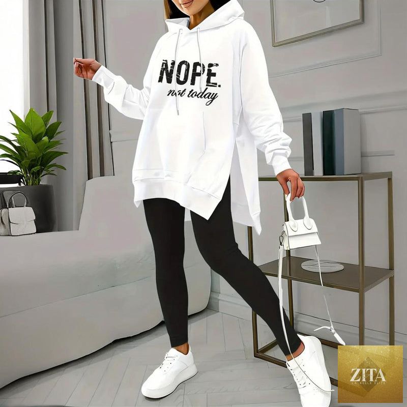 FitiqueFit casual two-piece set with solid color leggings and letter print hooded sweatshirt, comfortable and stylish activewear.