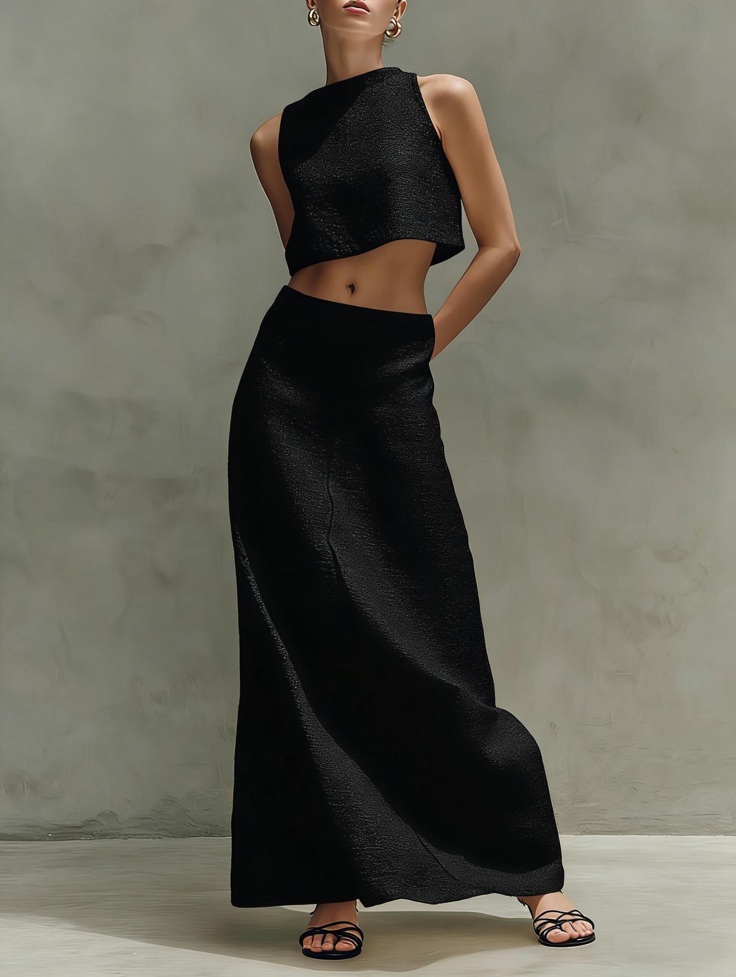 Women's sleeveless slimming maxi dress two-piece set by FitiqueFit, casualwear with a fitted top and flowing skirt in neutral fabric.