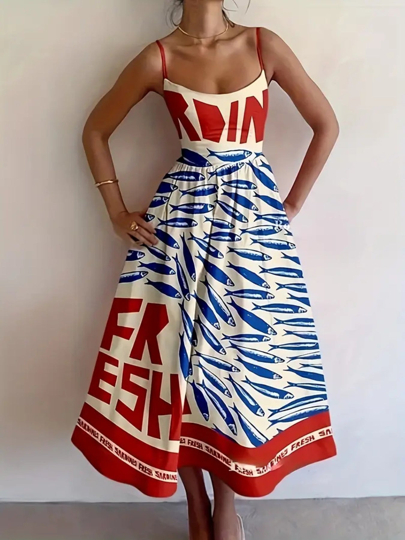Sardine print spaghetti strap midi dress by Shopiebay featuring a fitted silhouette and feminine design.