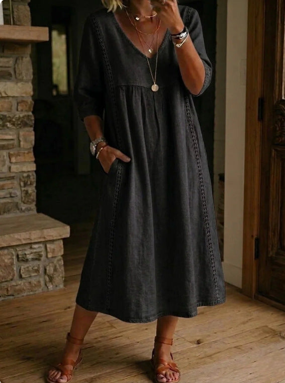 Women's linen cotton V-neck dress by FitiqueFit with lace trim, loose fit, available in 7 colors, casualwear perfect for warm weather.
