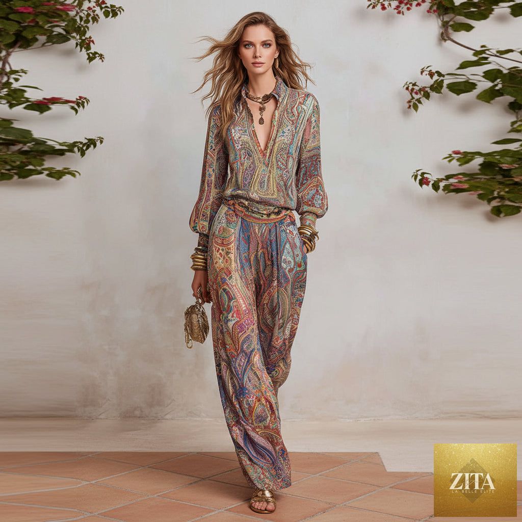 Women's Paisley Print Deep V Fringe Blouse & Wide-Leg Palazzo Pants Set