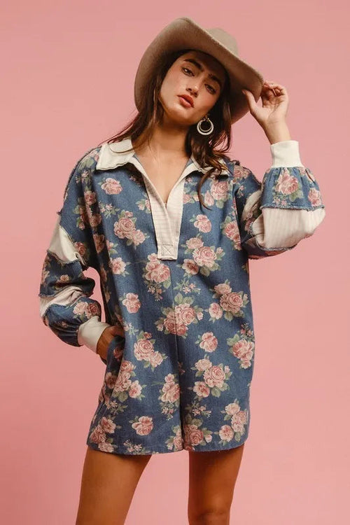 BiBi Washed Floral Denim Romper With Contrast Collar