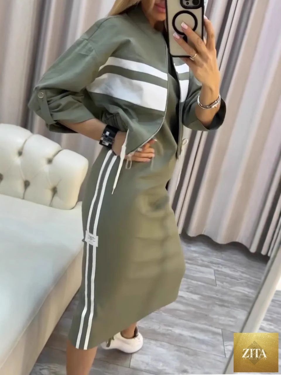 Women's Zip-Up Bomber Track Jacket & Bodycon Midi Dress Set