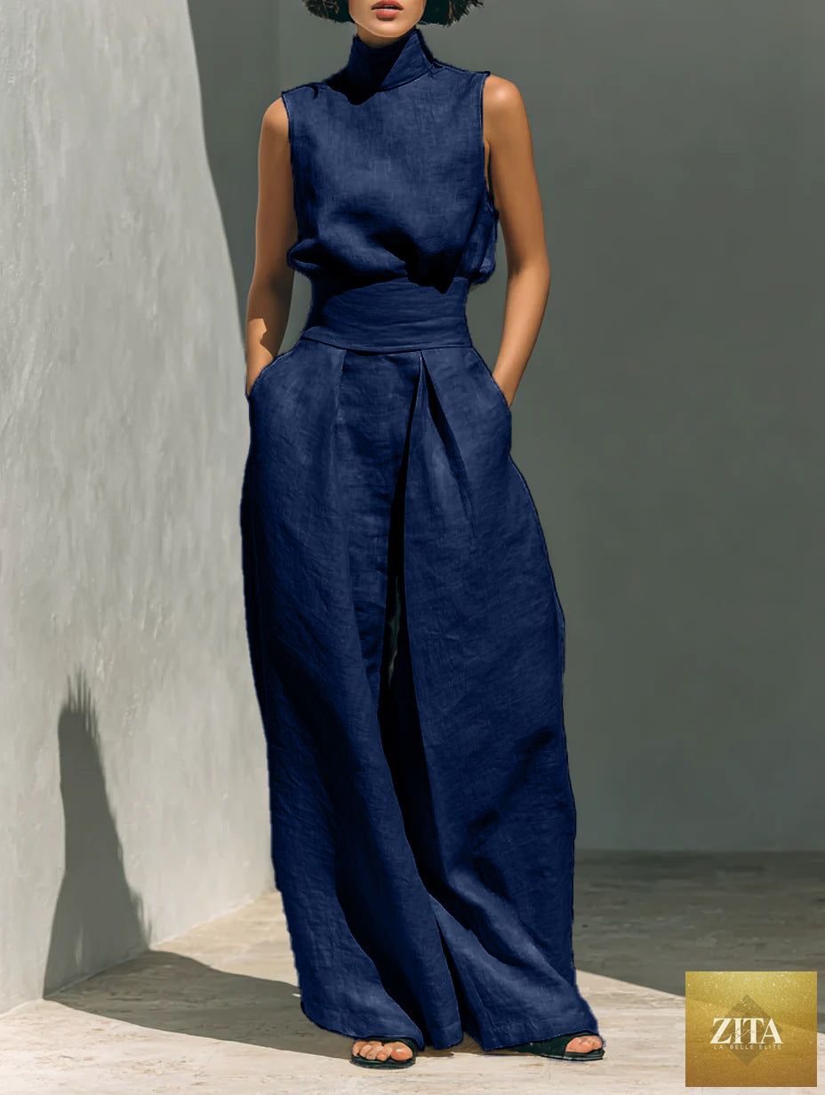 Women's linen-blend high-neck sleeveless top and wide-leg pants set by MERIDGE, featuring a stylish two-piece outfit.