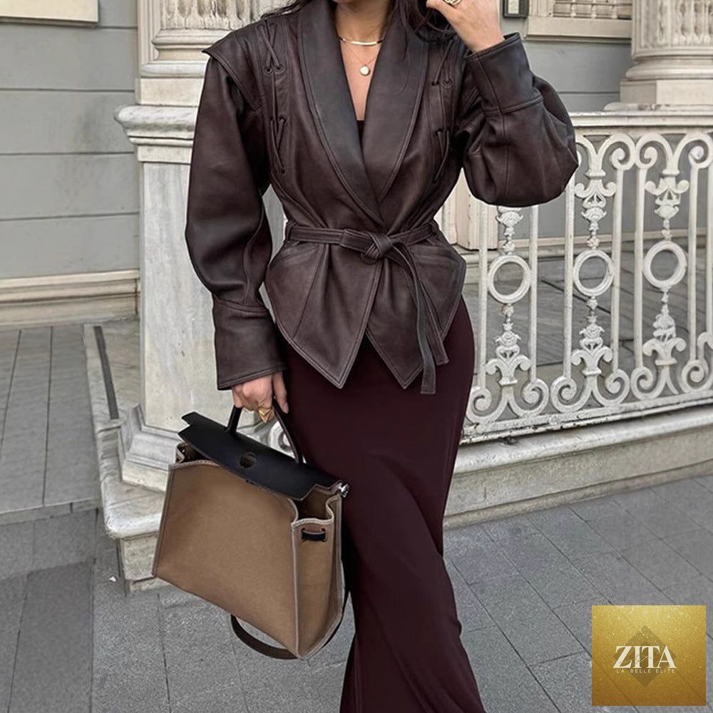 FitiqueFit PU leather strap-up short jacket with V-neck, long sleeves, streetwear style, stylish and fitted for a modern look.