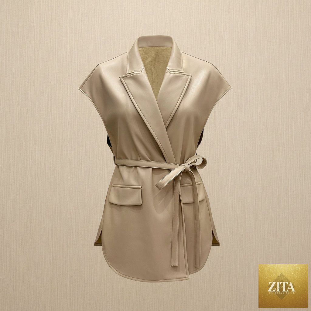 Women's sleeveless PU leather vest jacket with suit collar and tie-up waist, stylish outerwear by FitiqueFit.
