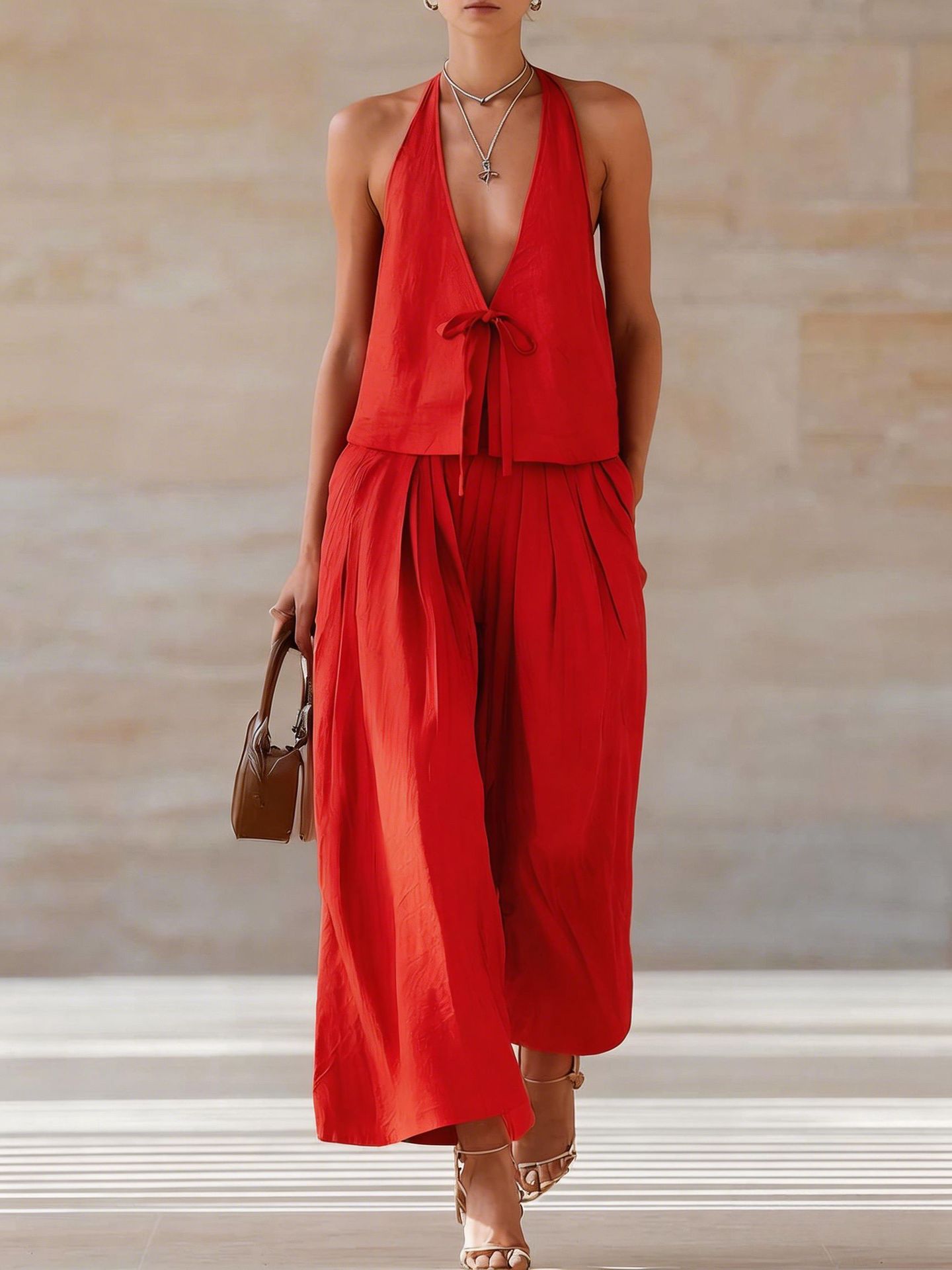 Women's sleeveless vest and wide-leg pants casualwear set by FitiqueFit, featuring lace-up details and comfortable fabric.