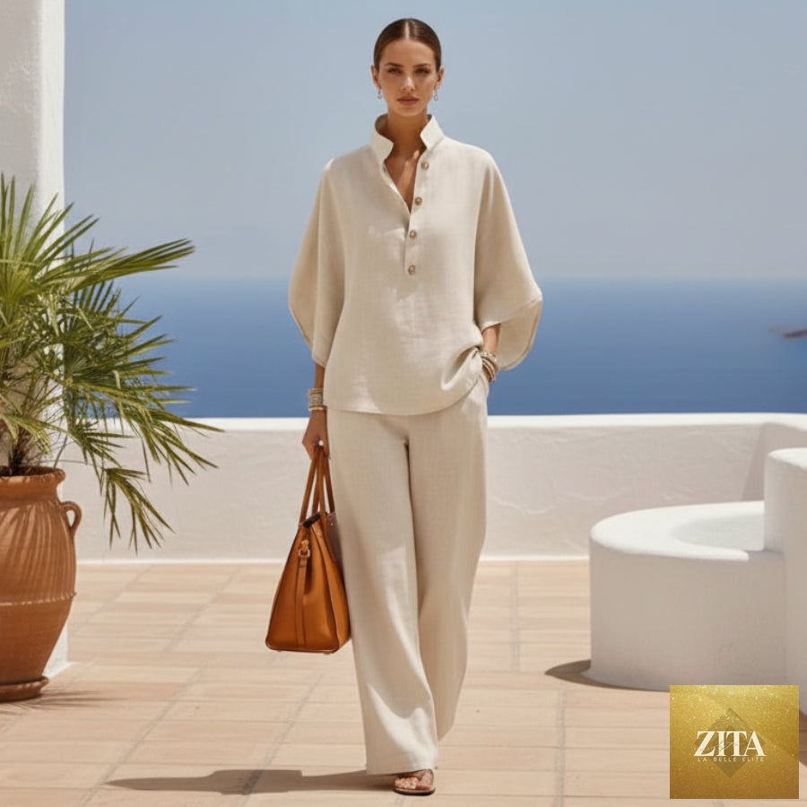 Women's linen-look stand collar batwing top and wide-leg pants set by MERIDGE, featuring a relaxed fit and stylish design.