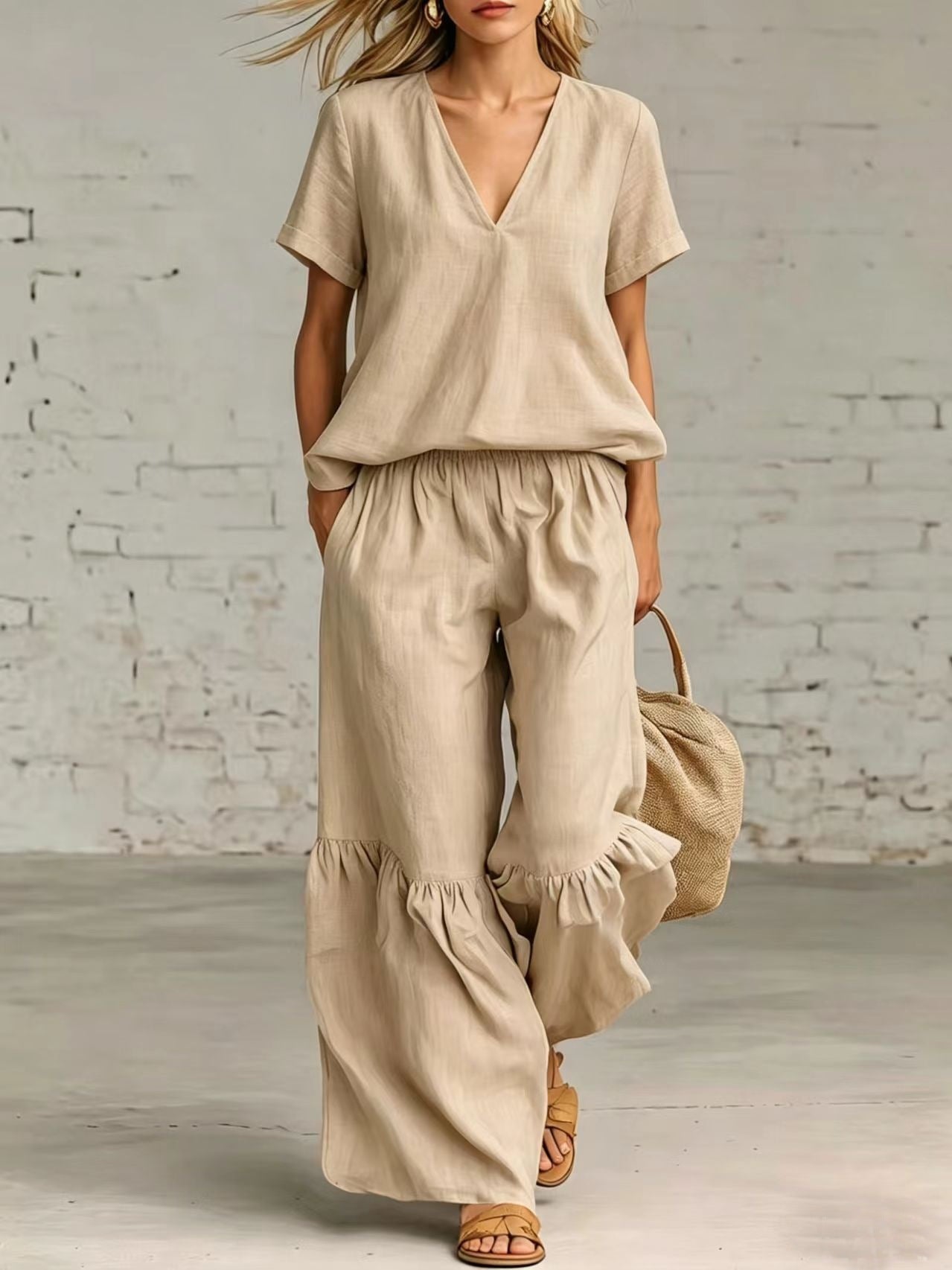 FitiqueFit casualwear V-neck loose short-sleeve top and matching pants set in various colors, size S to 5XL, laid flat.