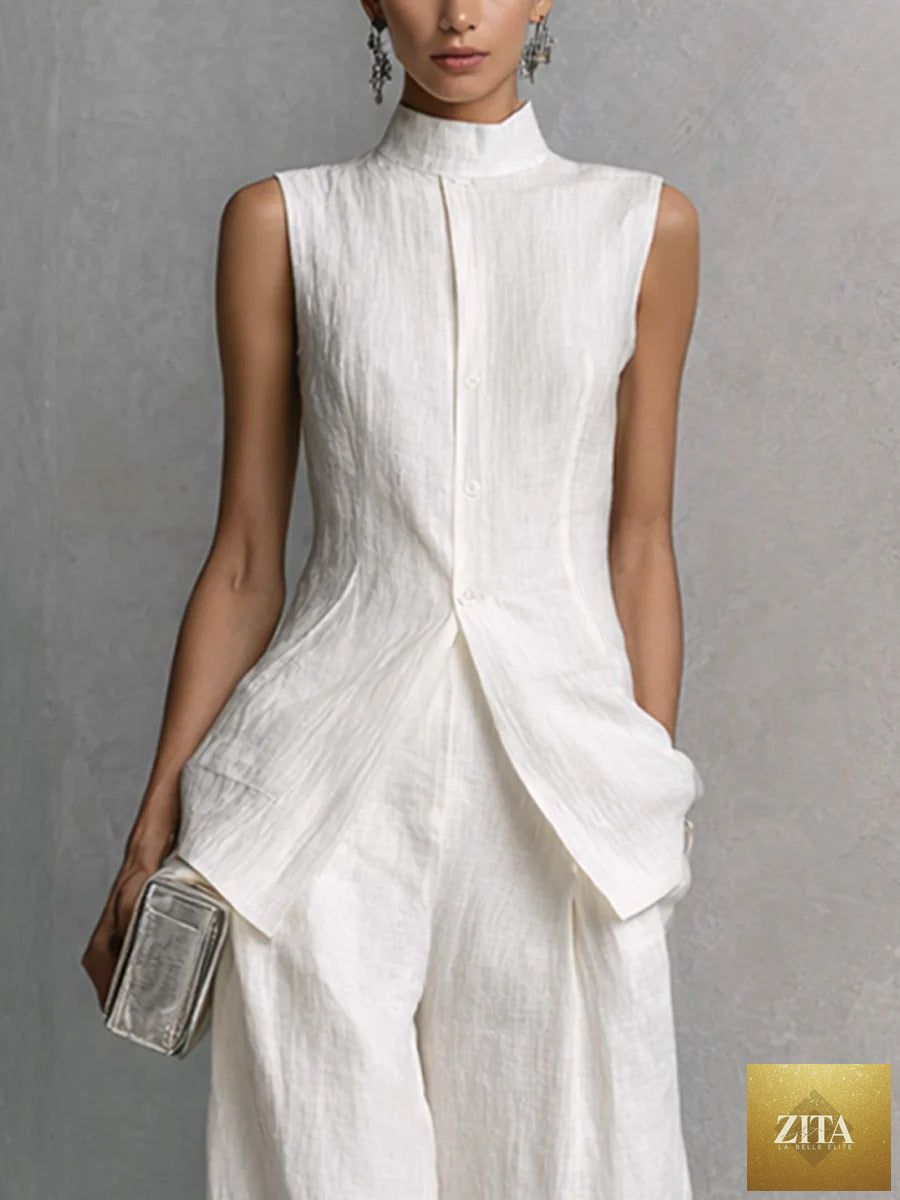 Women's stand collar longline vest top and wide-leg trousers two-piece set by MERIDGE, featuring neutral tones and relaxed fit.