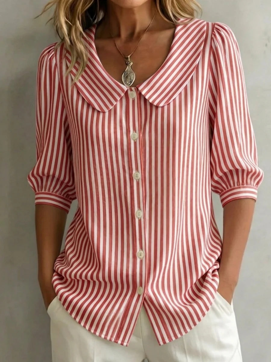 Striped V-neck top with three-quarter sleeves by FitiqueFit, casualwear shirt featuring a stylish striped pattern and comfortable fit.