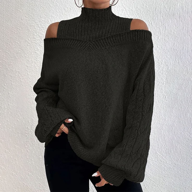 Women’s elegant off-shoulder turtleneck sweater by FitiqueFit, featuring long sleeves and a stylish knit design for casualwear.