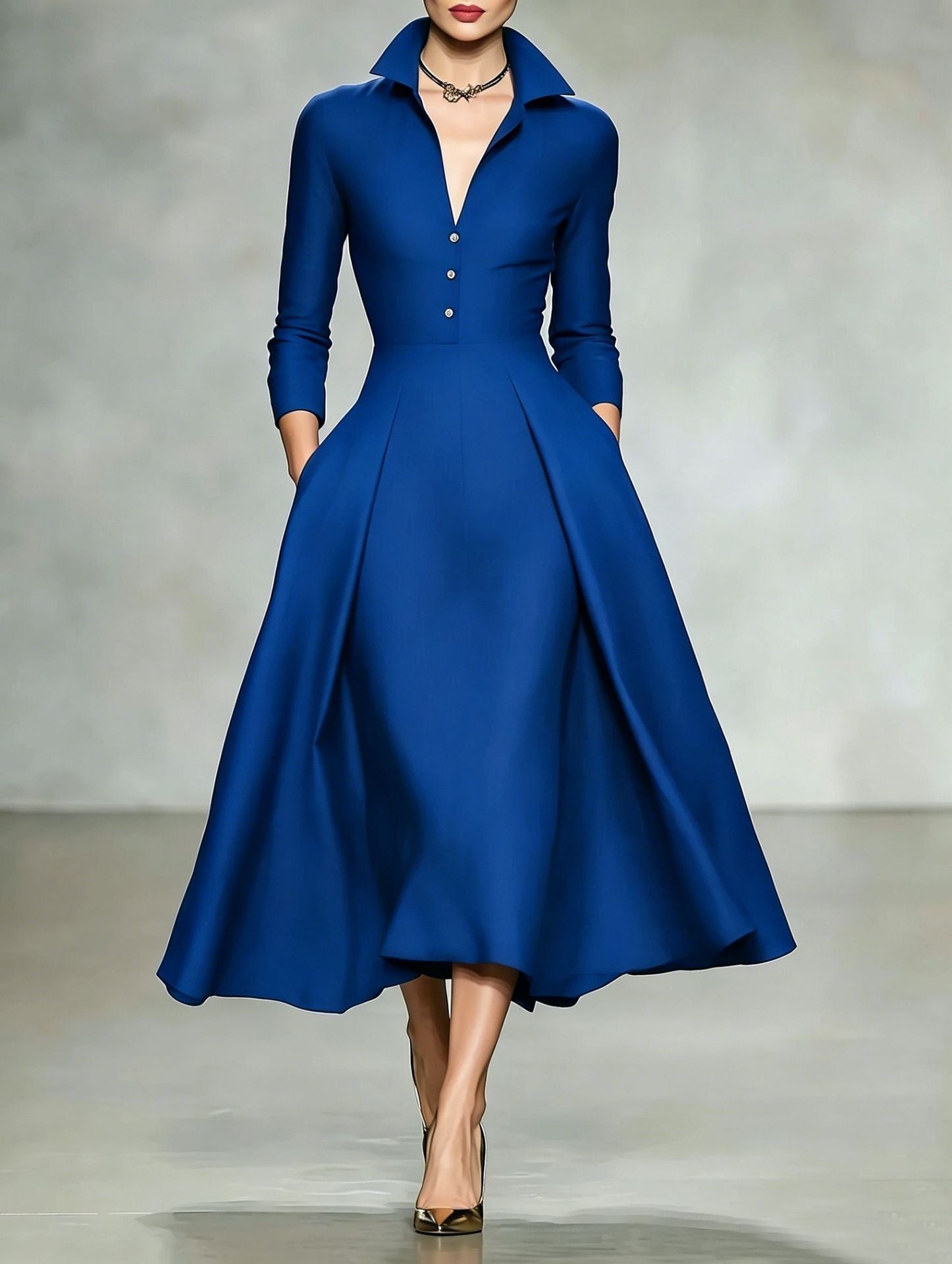 V-neck waist-cinching long sleeve midi dress by FitiqueFit, featuring a fitted silhouette and elegant design.