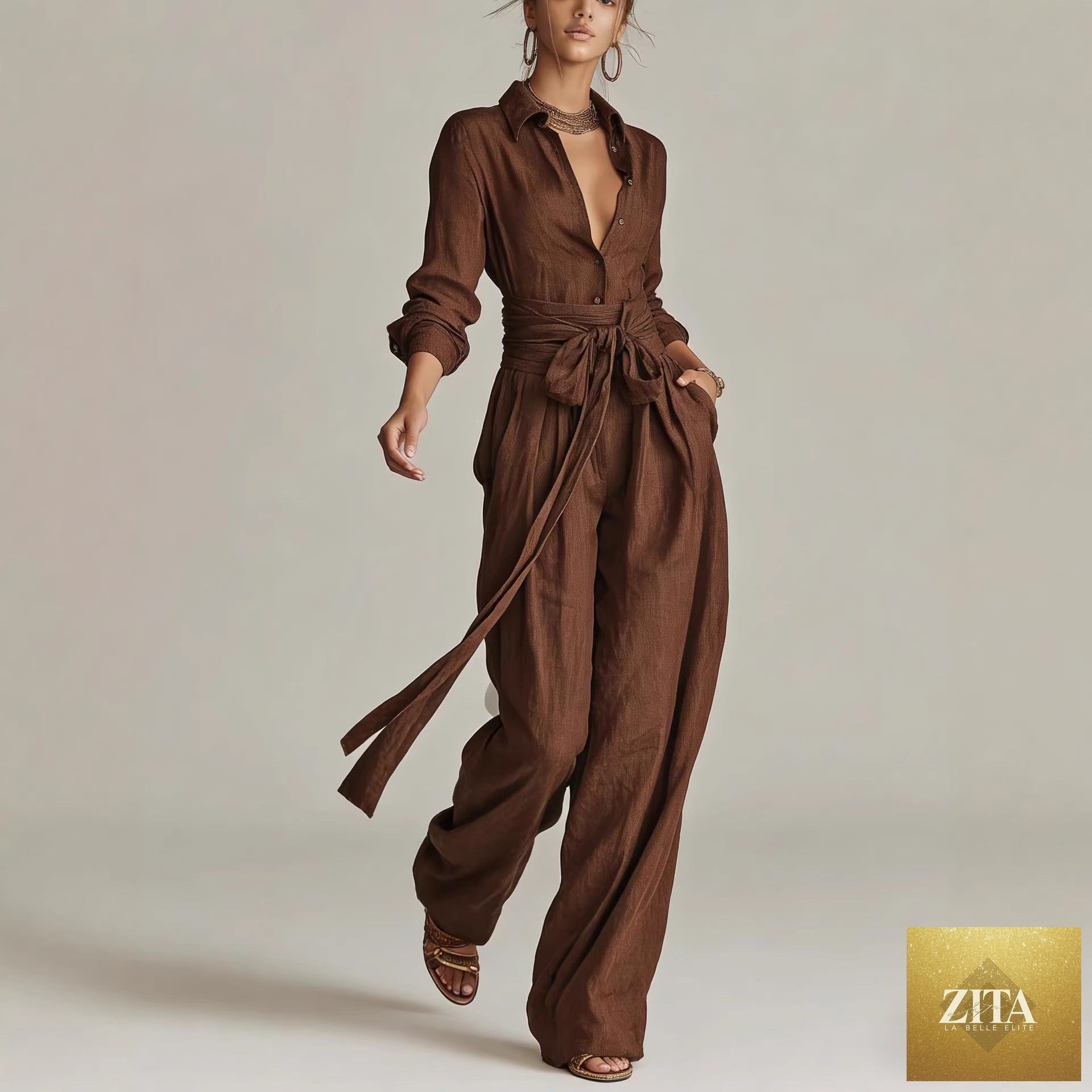Women's linen long sleeve shirt and high-waist wide-leg pants set with tie belt by MERIDGE, shown on a model.