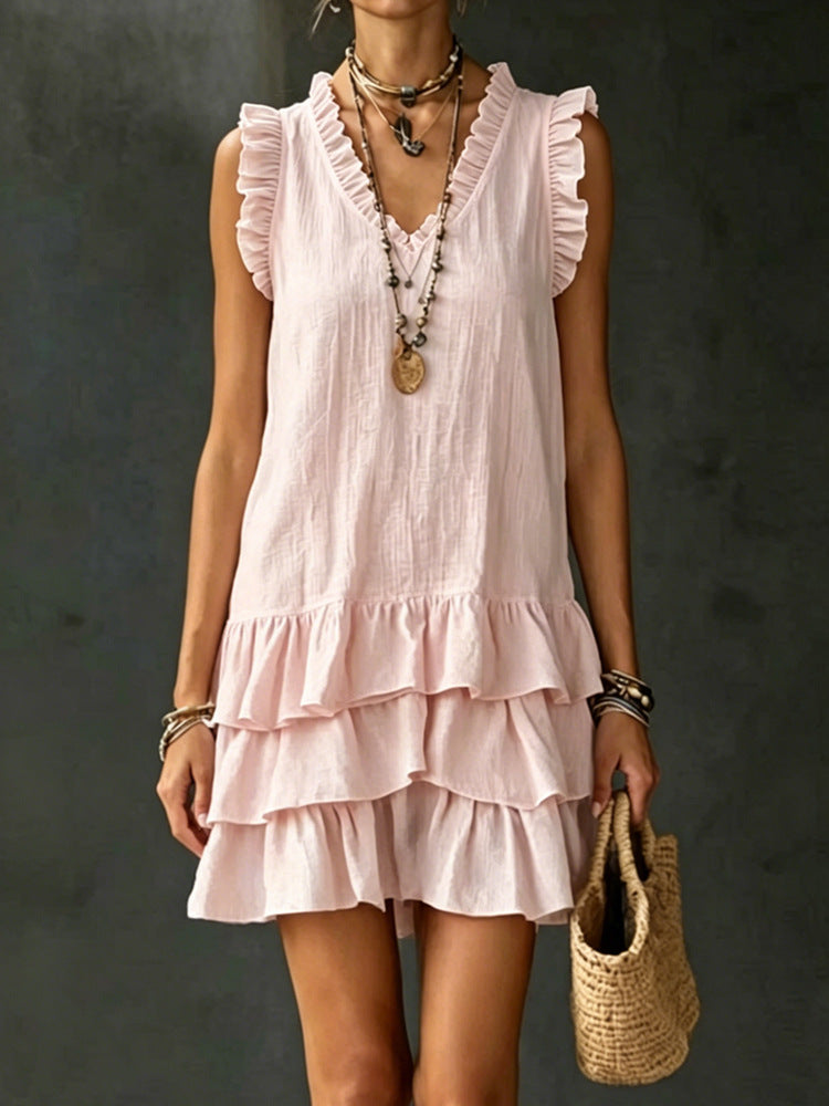 FitiqueFit V-neck ruffle-trim tiered sleeveless midi dress in four colors, casualwear, size S to XXL, shown on a model.