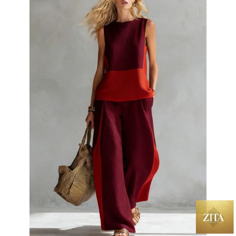 Printed retro sleeveless top and wide-leg pants set by MERIDGE, featuring vibrant prints in size S–5XL.