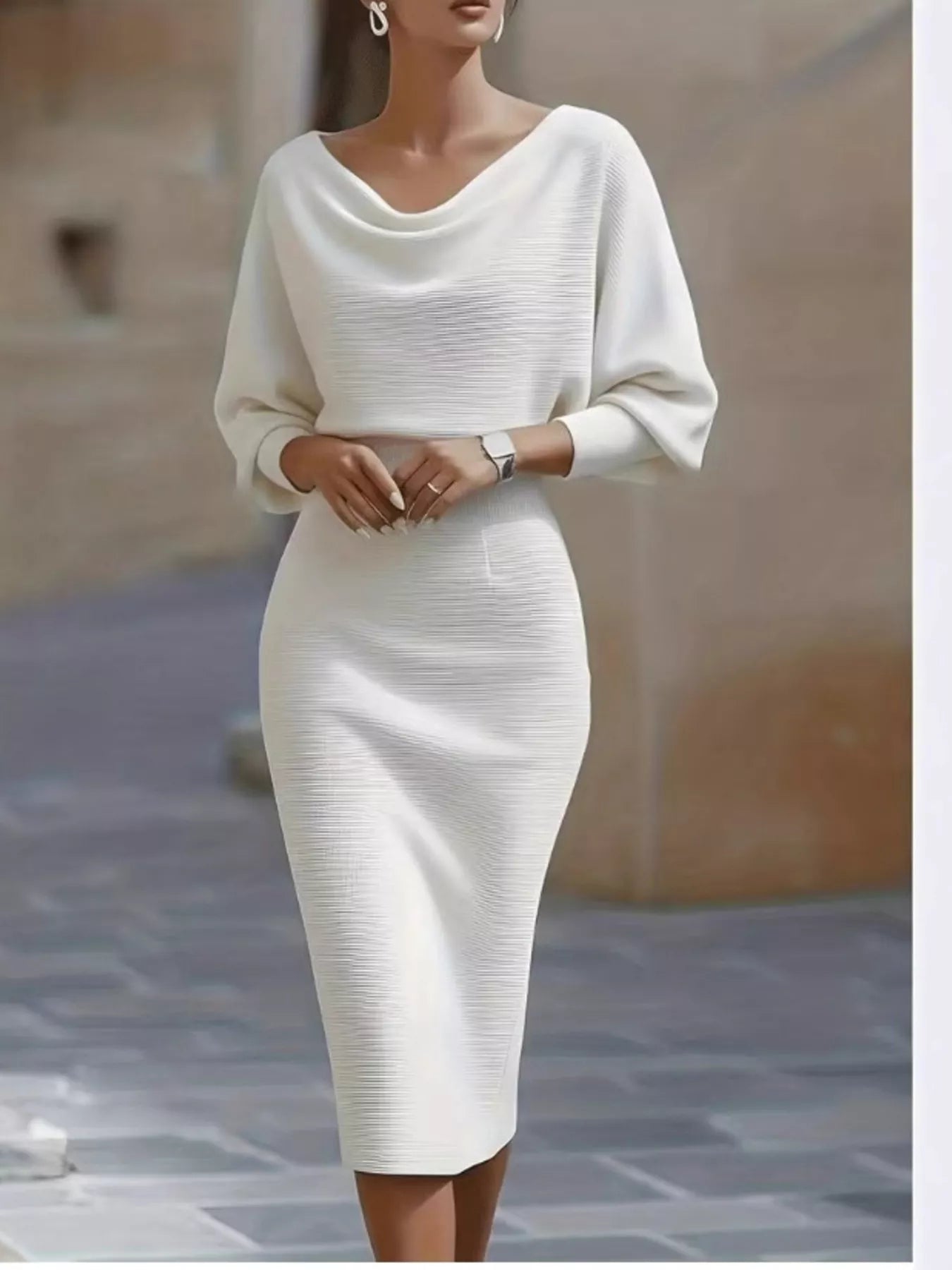 Shopiebay cowl neck knit bodycon dress, form-fitting knit dress with a stylish cowl neckline, perfect for casual or dressy occasions.