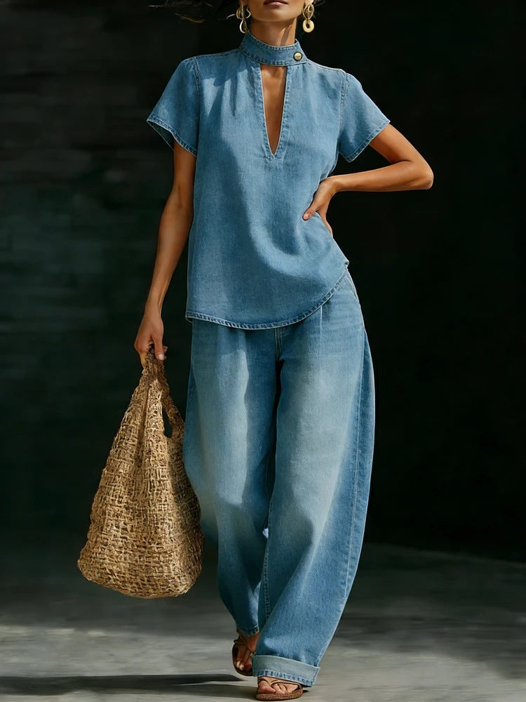 Faux Denim Two-Piece Set – Loose-Fit Short-Sleeve & Pants