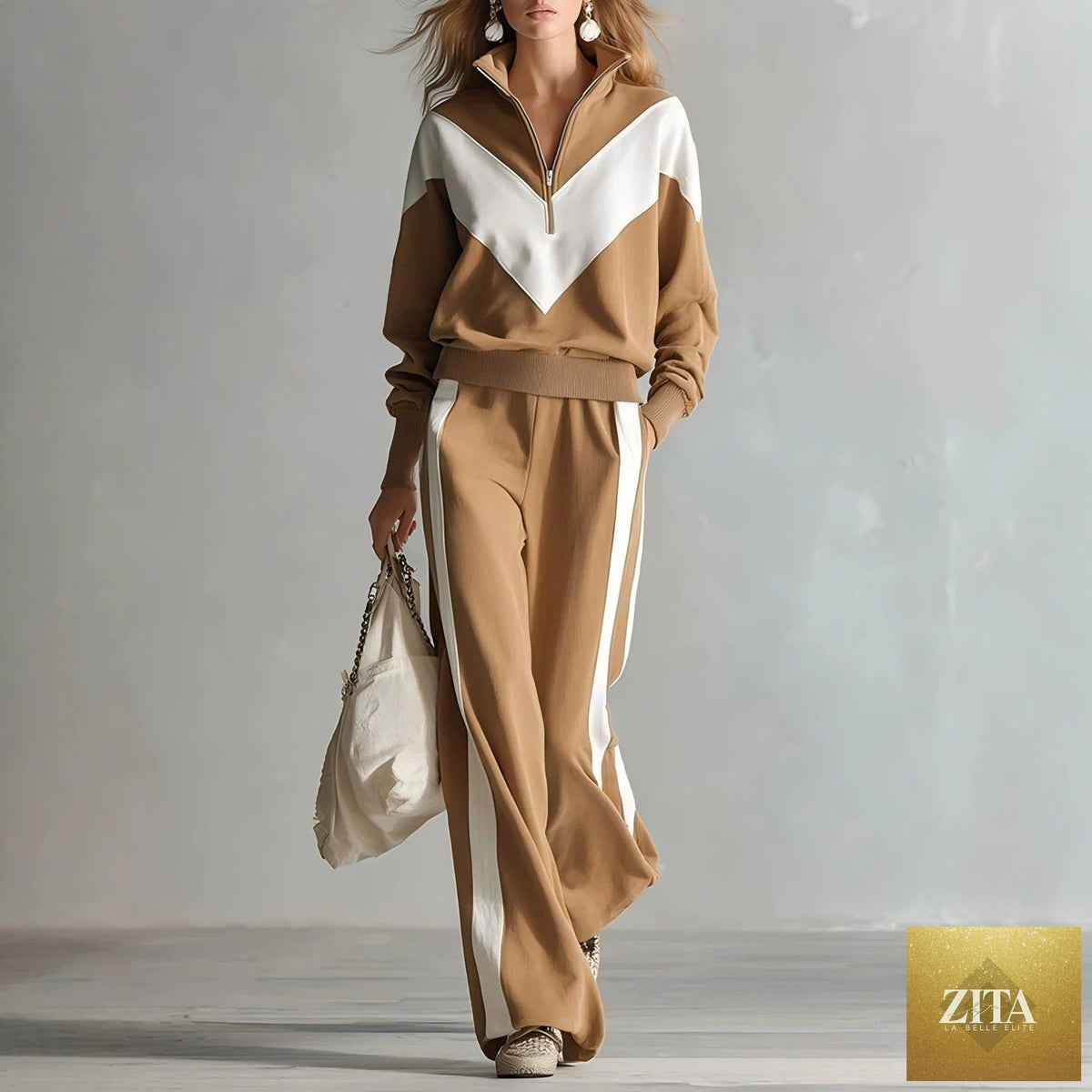 Women's MERIDGE colour-block chevron half-zip sweatshirt and wide-leg side-stripe tracksuit set, featuring stylish two-piece athletic apparel.