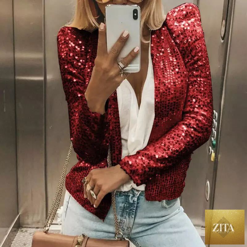 Women's colorblock sequin short jacket by FitiqueFit featuring a casual glam style with vibrant sequins and a stylish design.