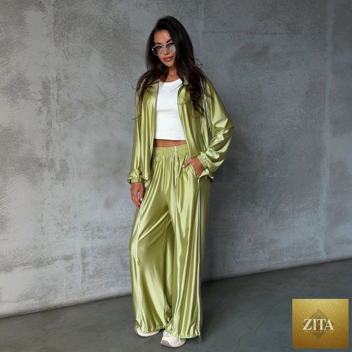 Women's Satin-Finish Zip Track Jacket & Wide-Leg Pants Set