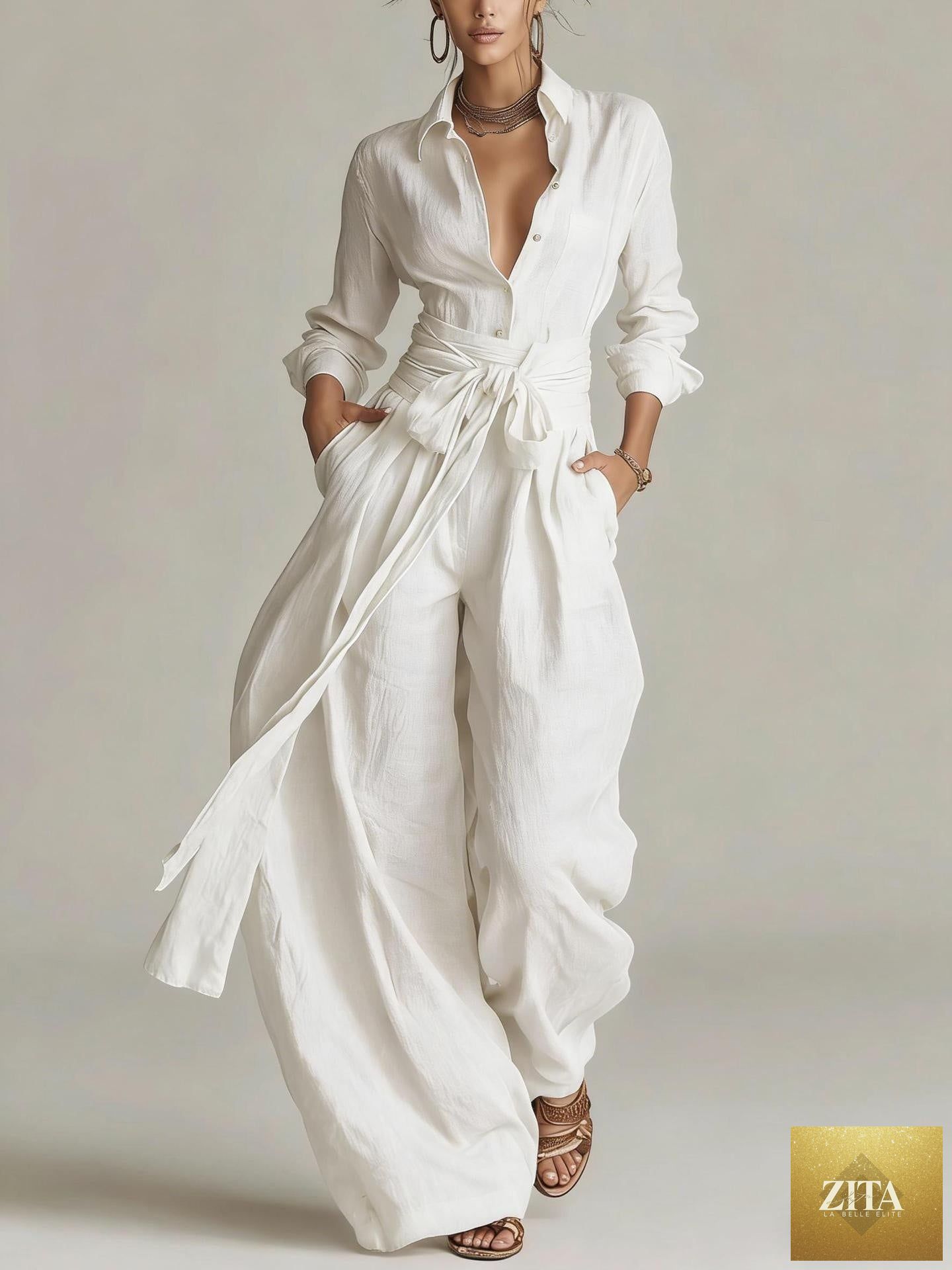 Women's linen long sleeve shirt and high-waist wide-leg pants set with tie belt by MERIDGE, featuring a stylish, relaxed fit.