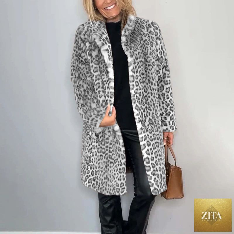 Leopard print plush jacket by FitiqueFit, cozy loose-fit mid-length outwear with stylish animal print and soft fabric.