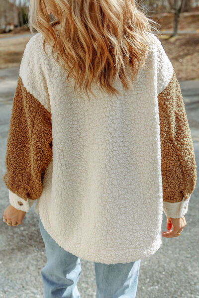 Women’s cute Sherpa jacket by Stevvex featuring button closure, collared neck, and retro style in warm, plush fabric.