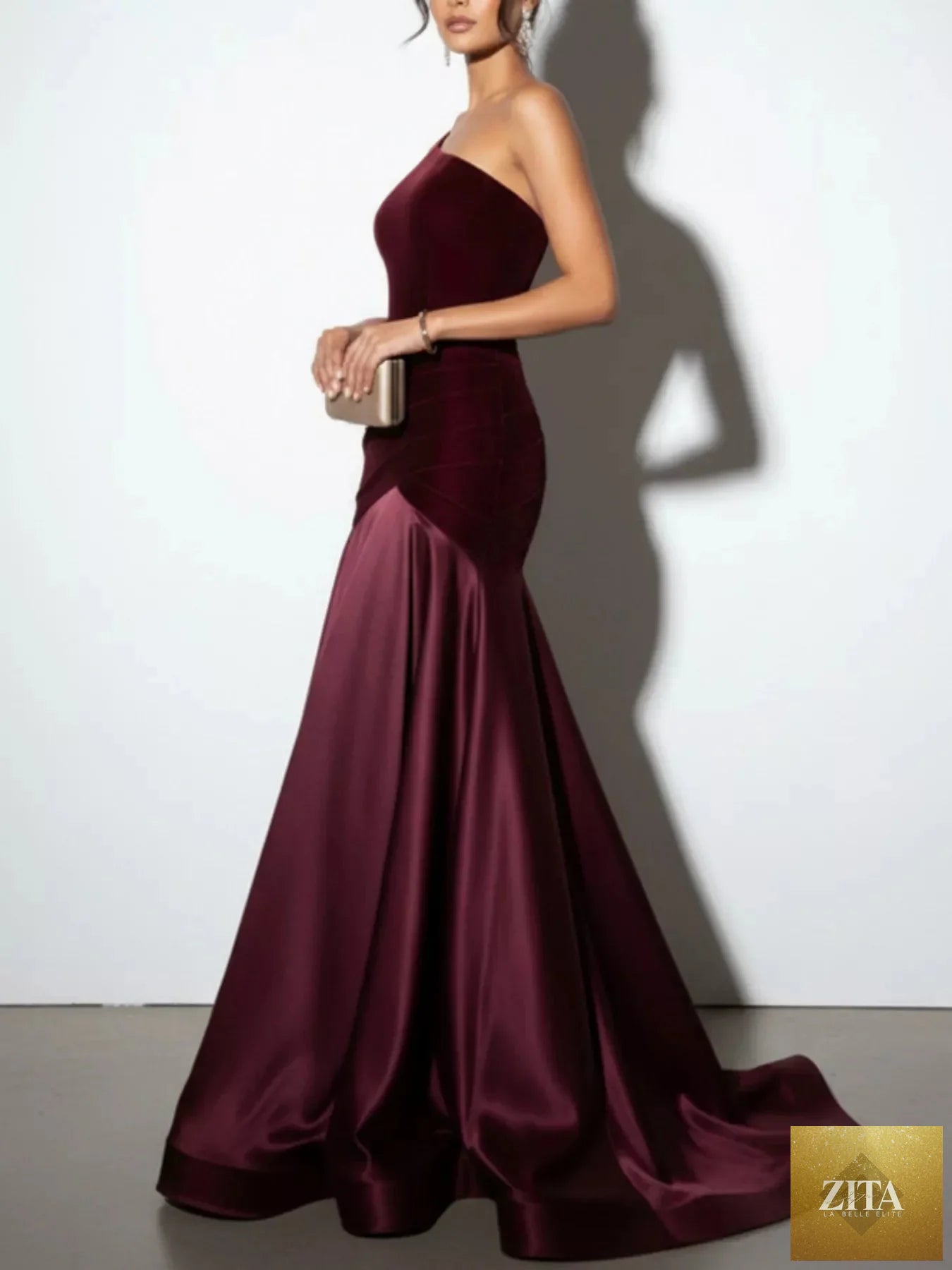 Elegant single shoulder floor-length dress by Shopiebay featuring a flowing silhouette and stylish design, perfect for formal occasions.