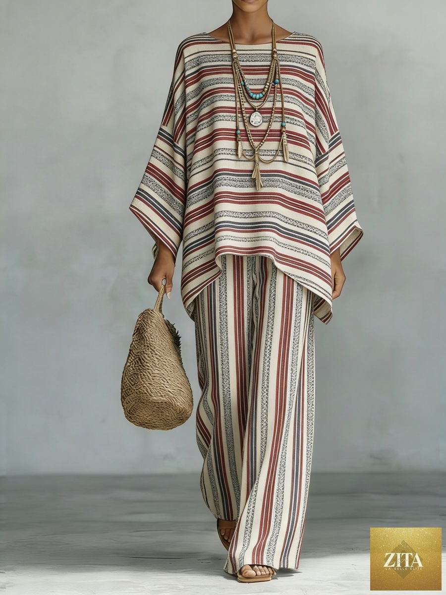 Floral print bamboo linen two-piece set with wide-leg pants by MERIDGE, featuring a stylish top and comfortable flowy bottoms.